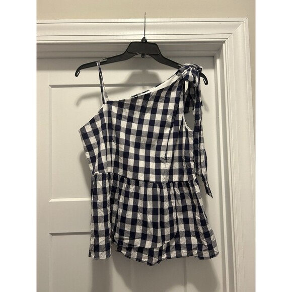 Aura Women's Size Large Navy Blue Gingham Peplum Summer One Shoulder Bow Top - Picture 1 of 5